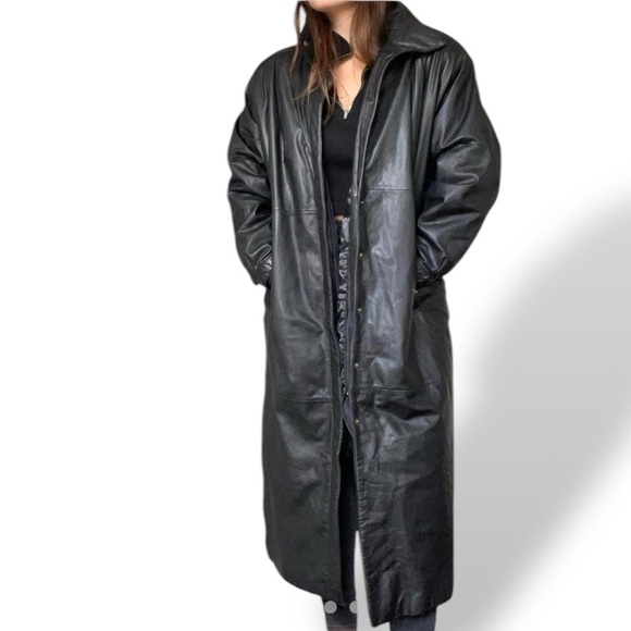 Vintage Eddie Bauer Rare Find Long Black Leather Coat Medium Snap Front Closure - Picture 1 of 13